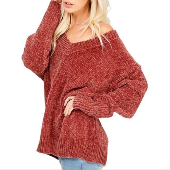 Zara Chenille Chunky Knit Oversized V-neck Cozy Pullover Sweater Rust Spiced Red - Picture 2 of 13